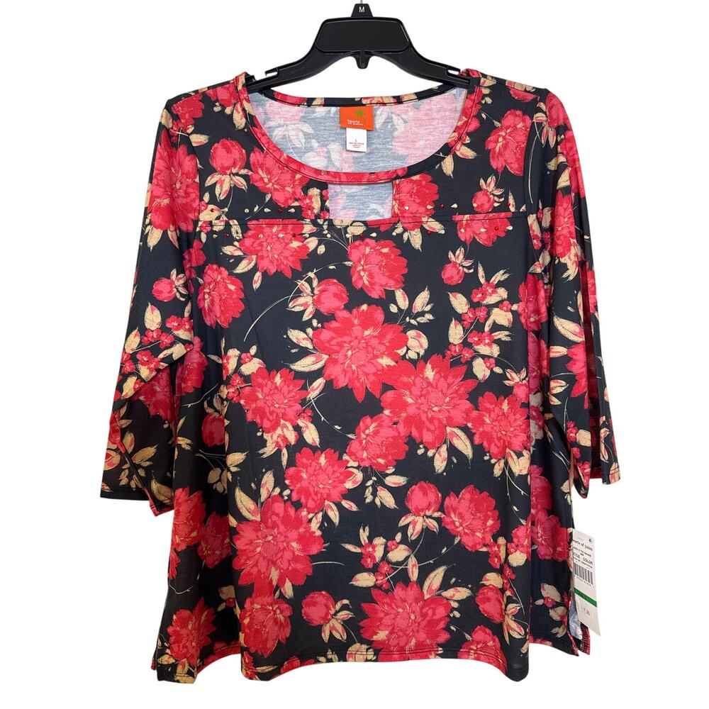 NWT Hearts of Palm Large "Red-Y To Shine" 3/4 Sleeve Red Black & Tan Floral Top